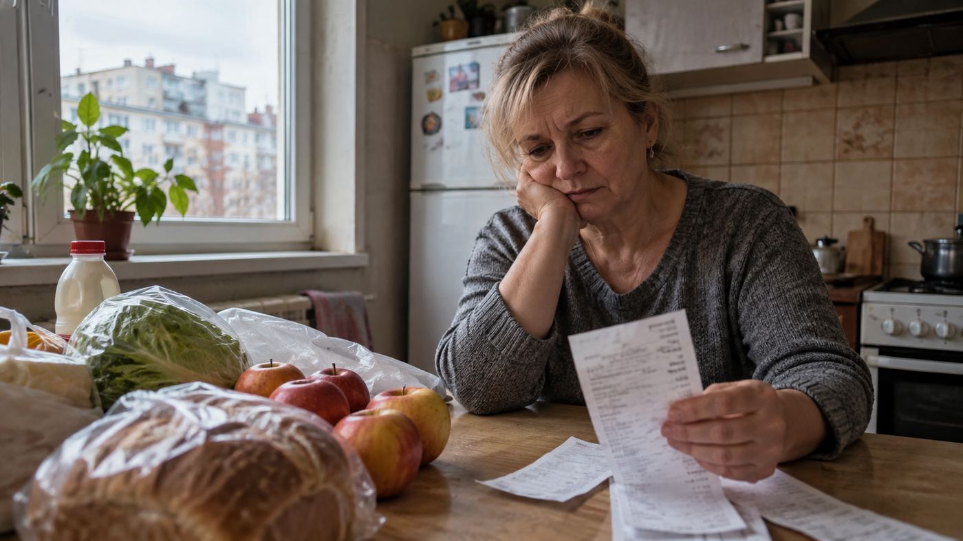 Starsza kobieta analizuje paragon po zakupach w domowej kuchni